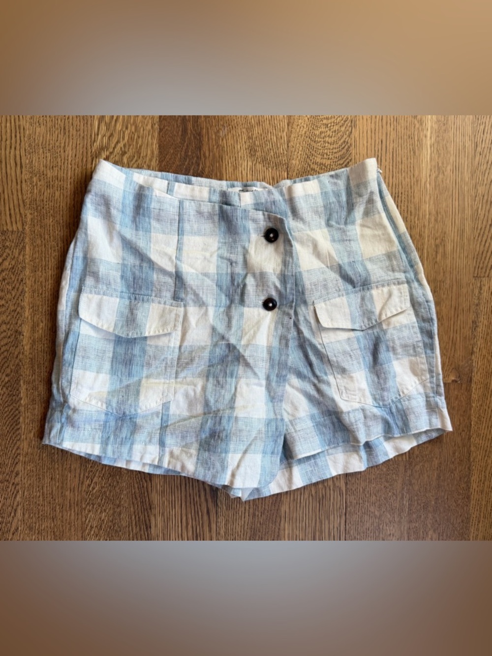 NWOT Madewell Cream & Blue Gingham Linen Blend Button-Front Skort - 6